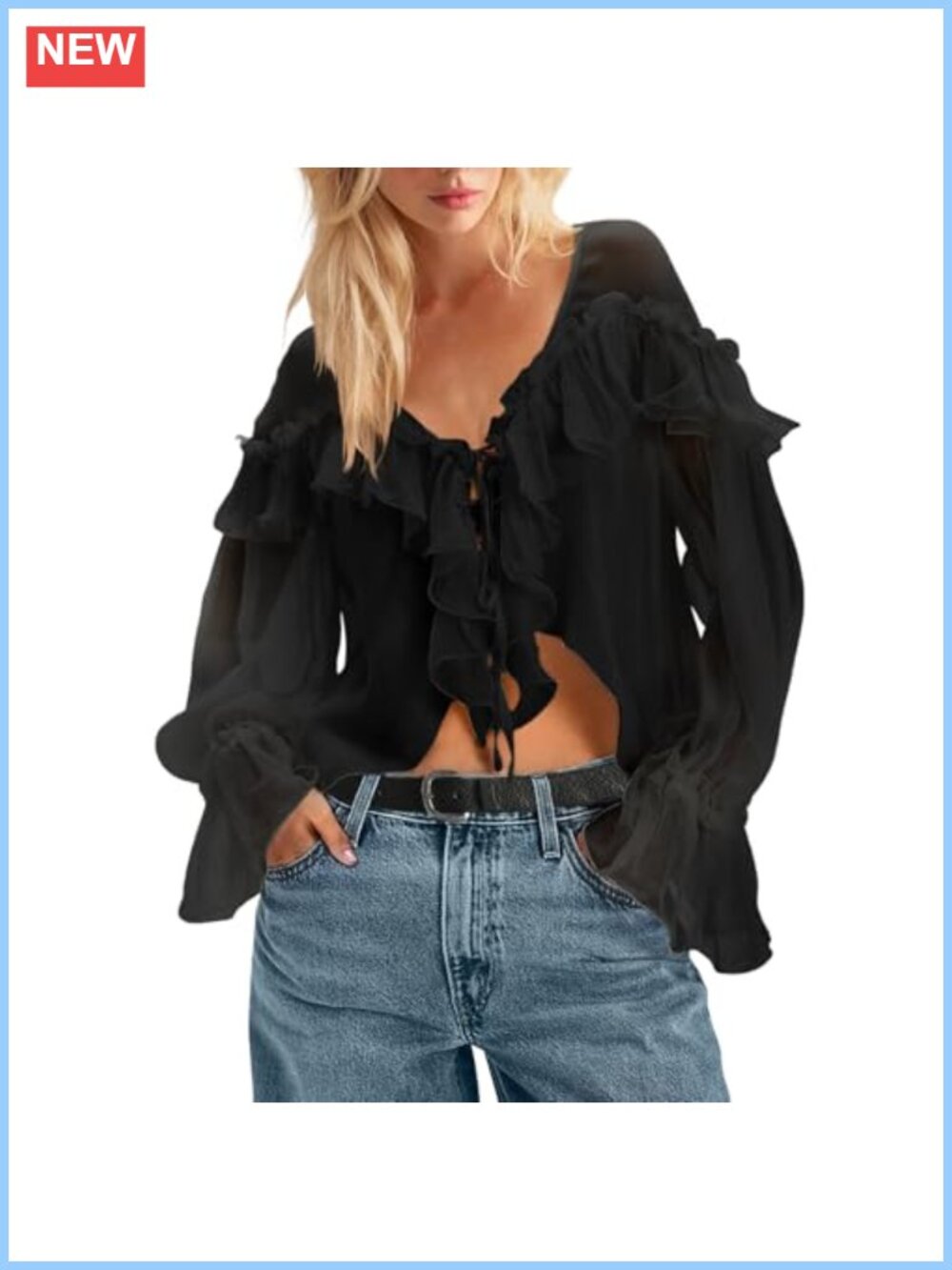 Boho Lace Tie Front Ruffle Blouse Long Sleeve Flowy Chiffon V Neck Top